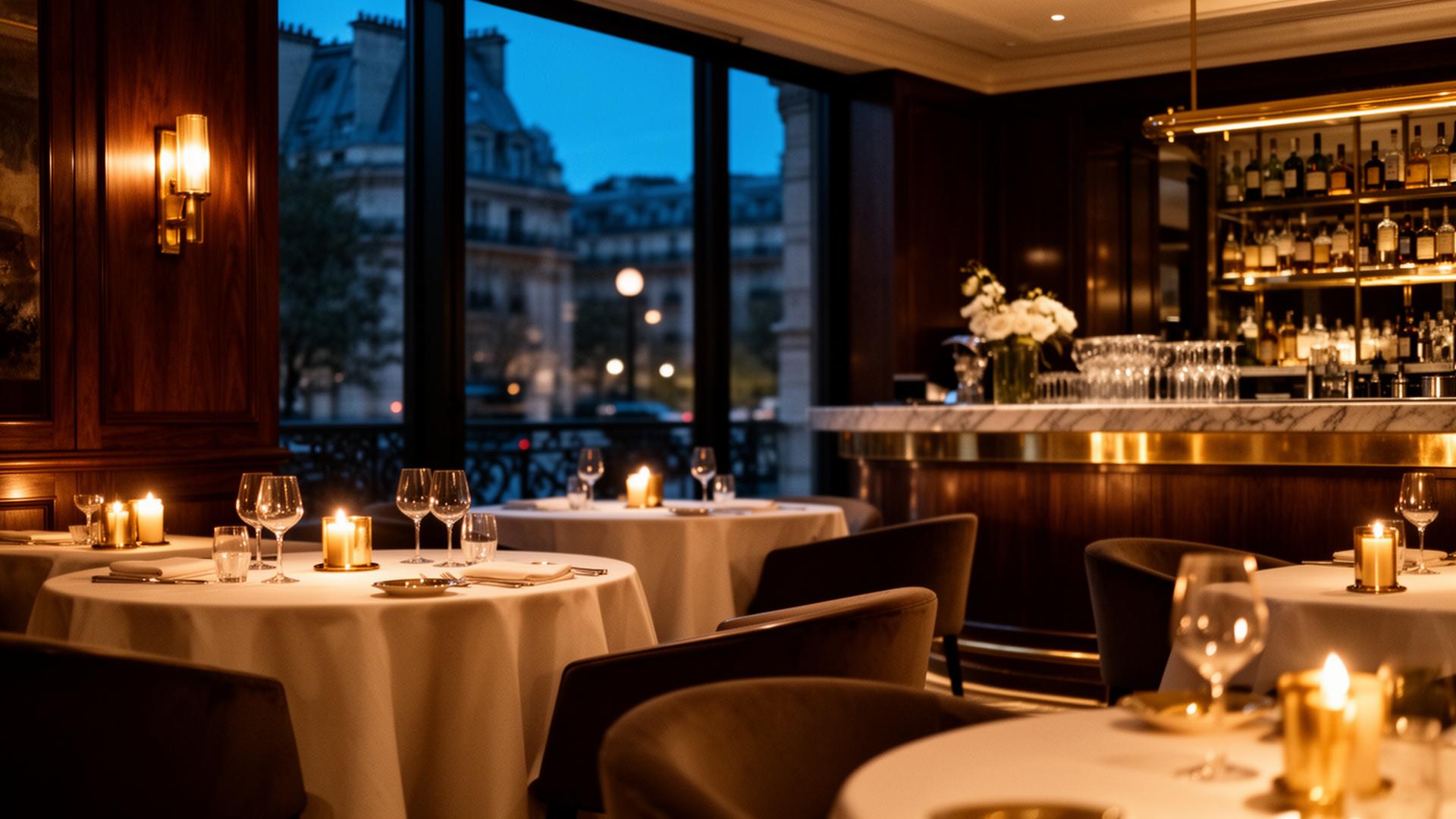 Intérieur d'un restaurant parisien haut de gamme à la lumière dorée